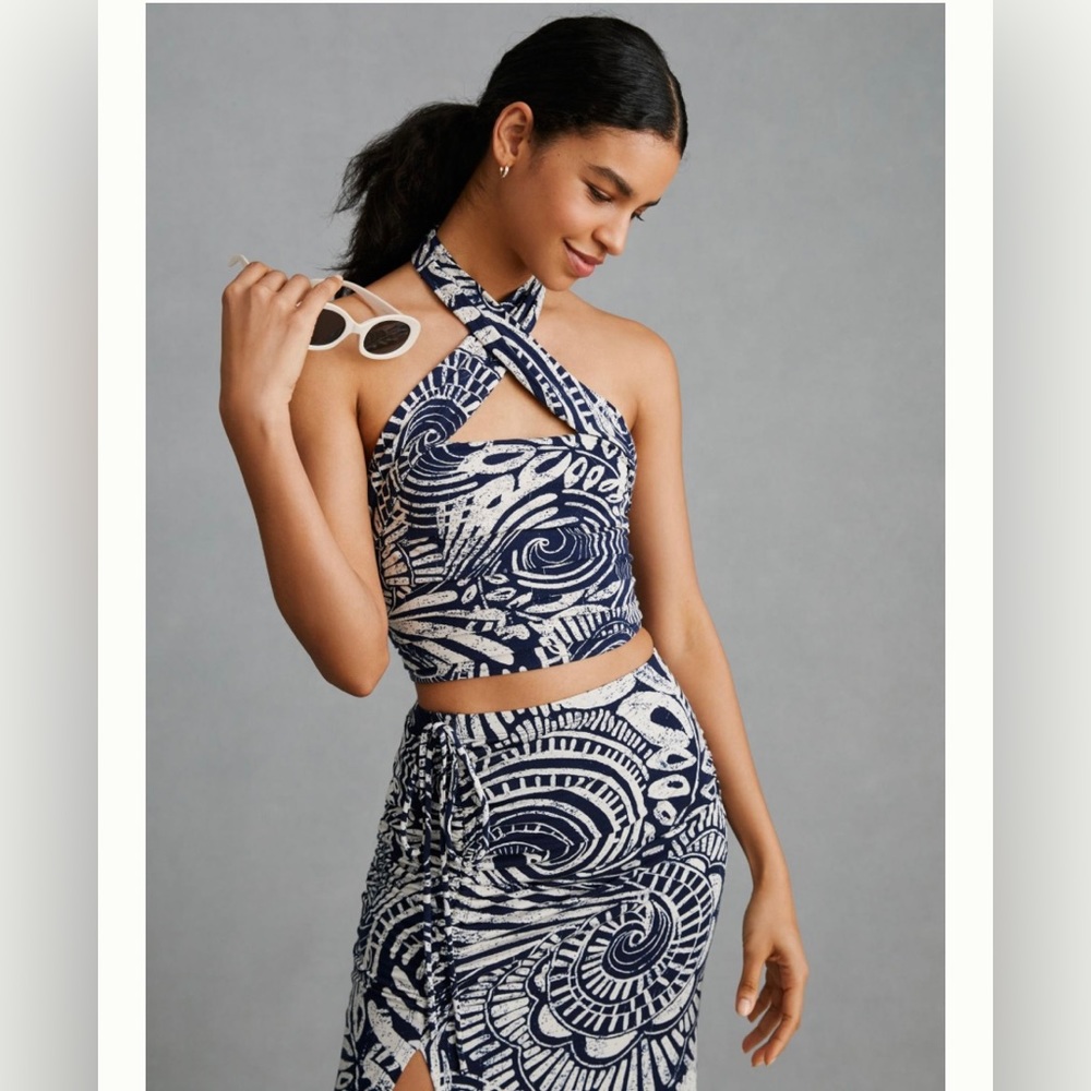 Anthropologie Navy and White Printed Halter Tank Top